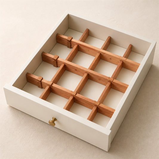 Cedar Drawer Grid with adjustable interlocking cedar dividers shown fully inside a drawer