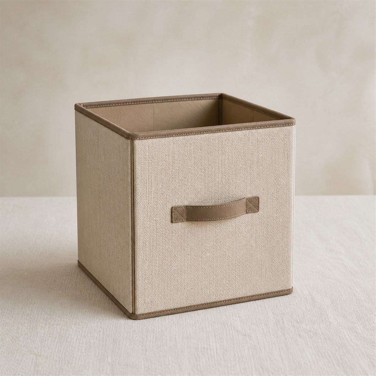 Fold-Flat Linen Cube in flax beige woven fabric with clay brown piping and front pull
