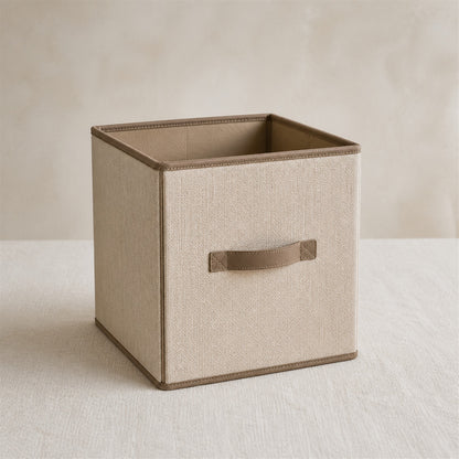 Fold-Flat Linen Cube in flax beige woven fabric with clay brown piping and front pull