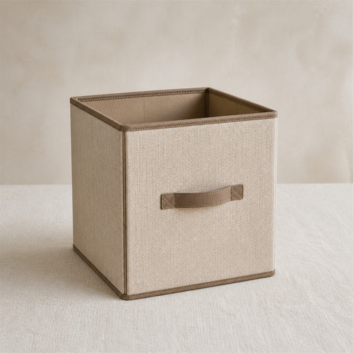 Fold-Flat Linen Cube in flax beige woven fabric with clay brown piping and front pull