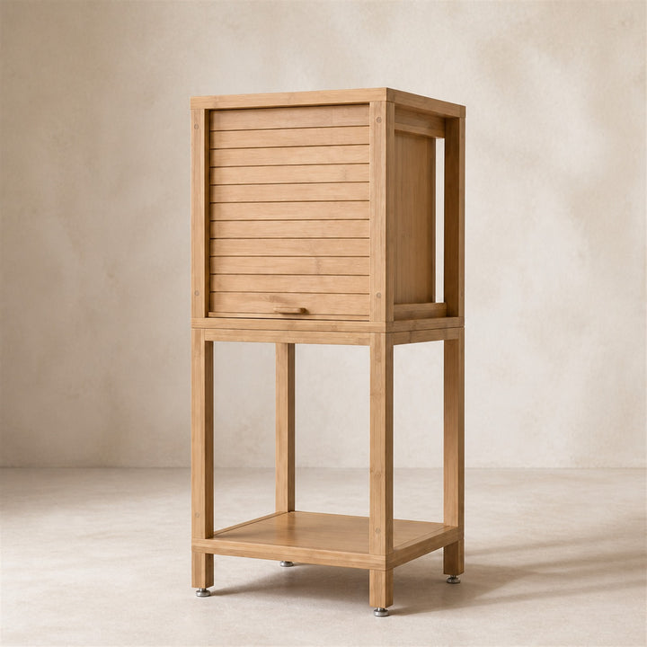 Frame Modular Bamboo Cabinet with honey bamboo slatted front and open lower frame