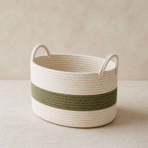 Harbor Cotton Rope Basket in warm ivory cotton rope with moss green accent band and two loop handles
