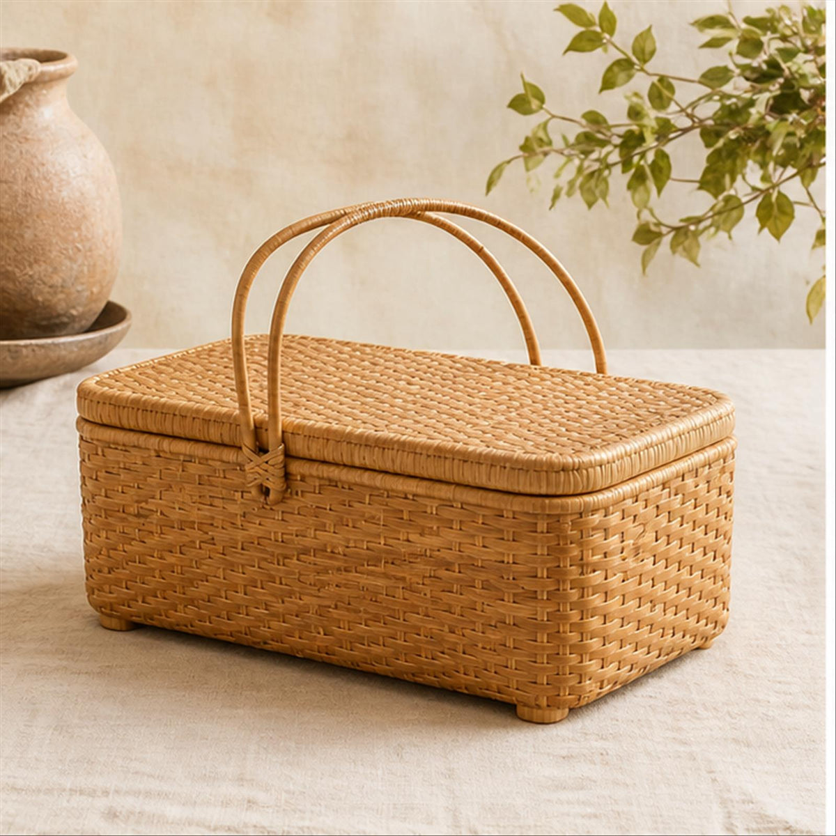 Reed Arc Lidded Basket in a warm natural-light studio