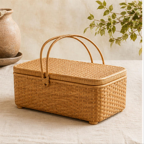 Reed Arc Lidded Basket in a warm natural-light studio
